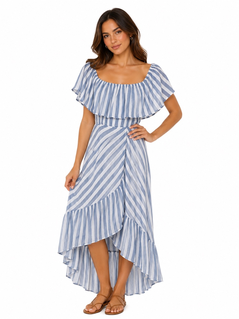 Flying Tomato Blue and White Striped Off-Shoulder Maxi Dress